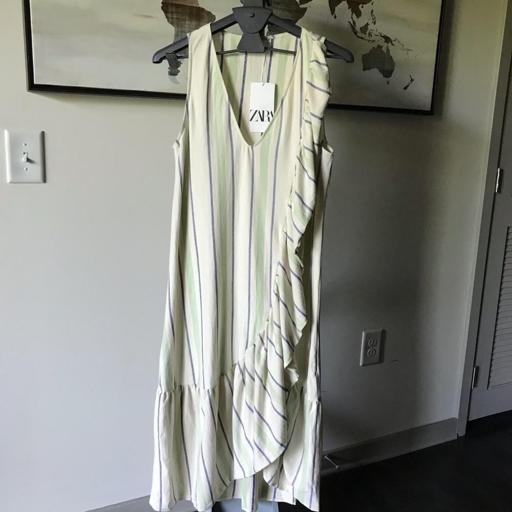 ZARA Rustic Dress with Ruffle Trim. Midi Dress